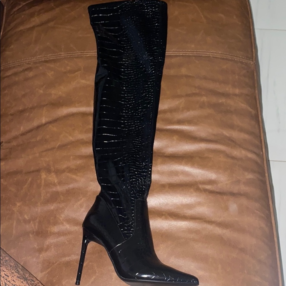 Thigh high black leather crocodile skin boots
